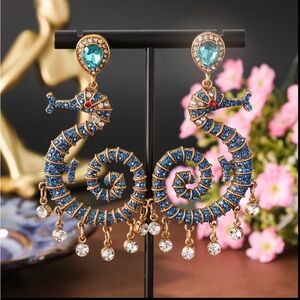 18K Gold Plated Elegant Blue and Gold Seahorse Earrings